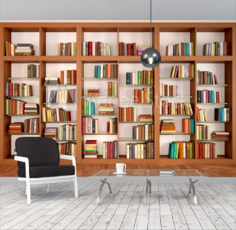 Bild på Wooden and glass shelves with different books Library 3d illus